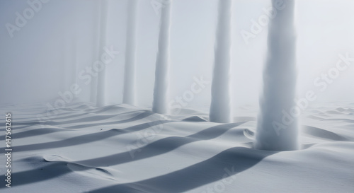 Ghostly Pillars Rising From the White Sandy Dunes in a Dreamy Landscape