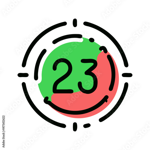 Colorful New Year countdown timer displaying the number 23 in bold on a red and green background symbolizing festive anticipation
