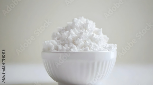 White bowl of cornstarch on white background; cooking ingredient; food recipe