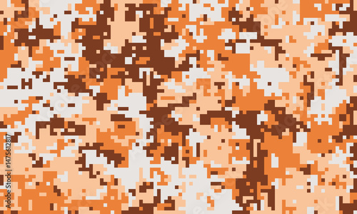 Abstract orange and brown pixelated camouflage pattern.  Perfect for backgrounds, textiles, or digital designs needing a modern, textured, and slightly chaotic feel.