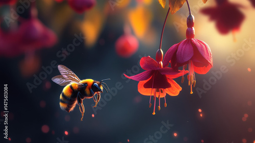 A bee is flying over a flower with red petals