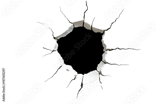 Hole in the Wall with Cracked Surrounding Texture. Deep hole in a white wall with cracks around it