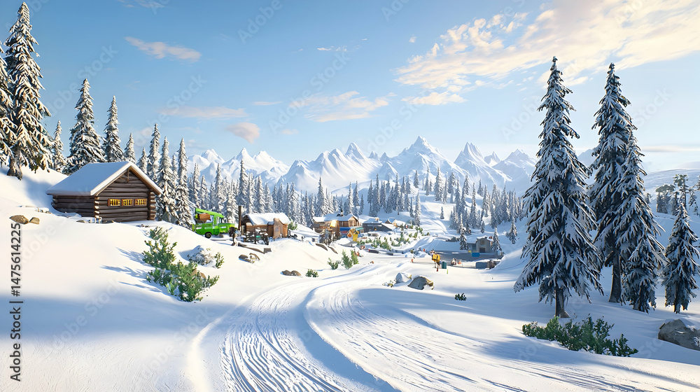 Fototapeta premium Snowy mountain village winter scene, road leading to cabins, sunny day, perfect for travel brochures