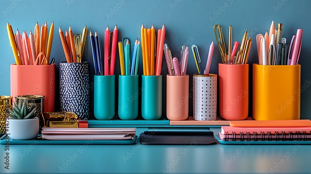 Obraz premium Creative workspace setup with colorful organized stationery high resolution picture