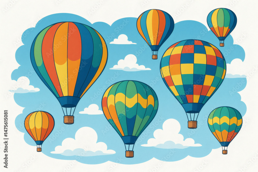 Fototapeta premium Colorful Hot Air Balloons Flying in a Cartoon Sky with Clouds, white background