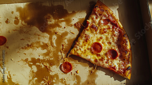 Greasy pizza box with one pepperoni slice in warm light