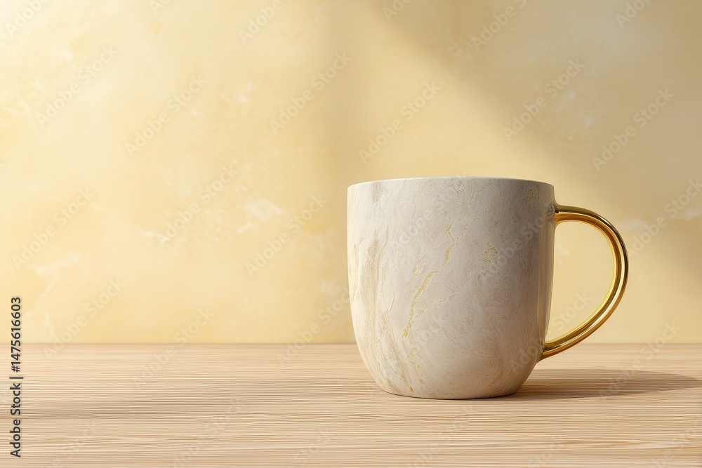 Creamy, marbled mug with gold handle on light wood surface. Creamy, marbled mug with gold handle on light wood surface.