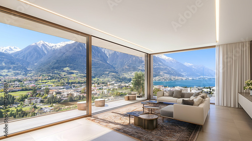 Modern apartment living room overlooking snowy mountains and lake