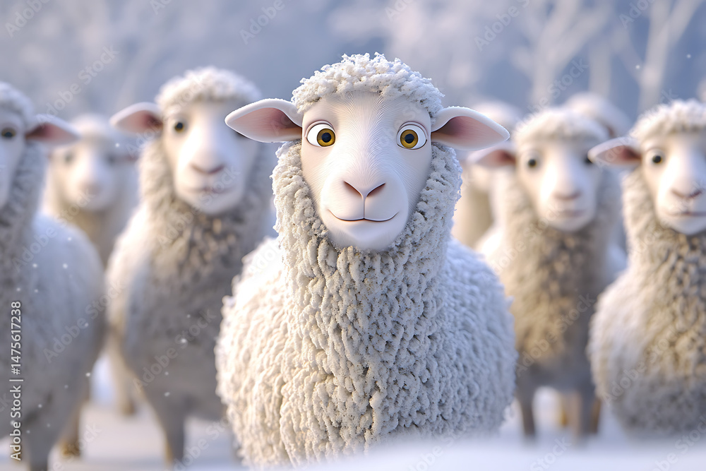 Obraz premium A group of animated sheep in a snowy landscape, showcasing their unique expressions and fluffy coats