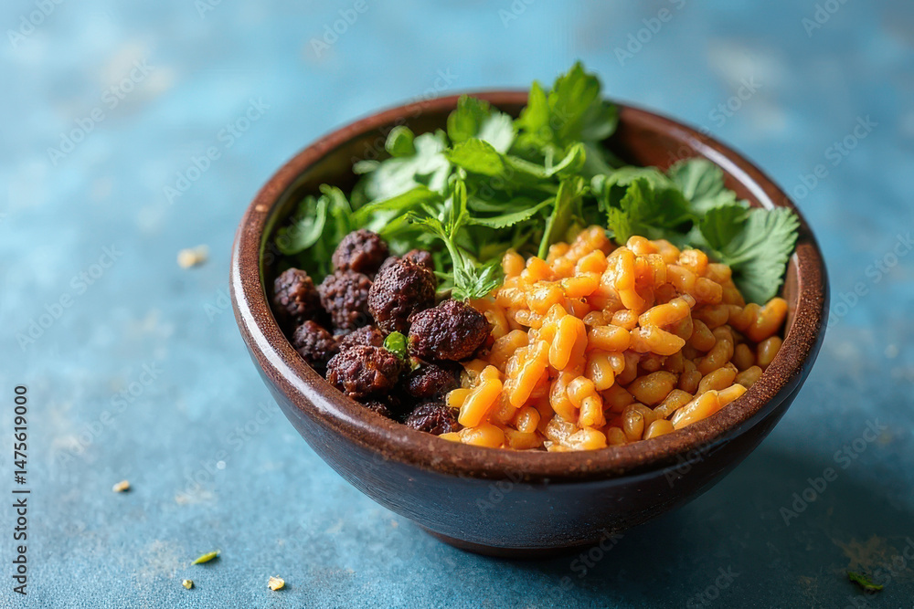 Fototapeta premium Tempting Vegan Buddha Bowl: Elegant Fine Dining Photography on Dusty Blue Background