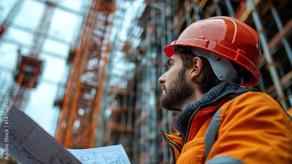 Engineer's Vision: A focused engineer, wearing a safety helmet and high-visibility gear, intently examines blueprints amidst a bustling construction site. Engineer's Vision: A focused engineer, wearing a safety helmet and high-visibility gear, intently examines blueprints amidst a bustling construction site.