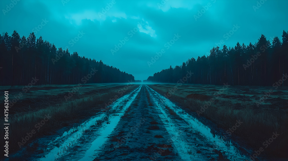 Fototapeta premium Gloomy forest road at dusk, vanishing point perspective, moody atmosphere, nature photography for websites or travel brochures