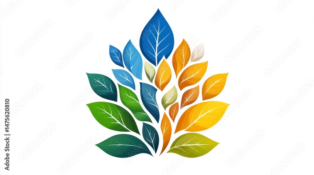 Gradient leaves form an abstract shape, with blue, green, and yellow hues on a white background Gradient leaves form an abstract shape, with blue, green, and yellow hues on a white background