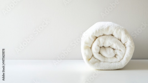 Neatly Rolled White Towel on Minimalist Clean White Surface