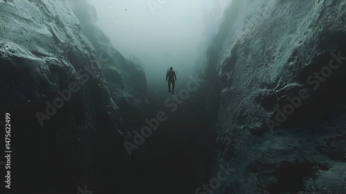 Solo diver descends underwater canyon, misty depths, Iceland