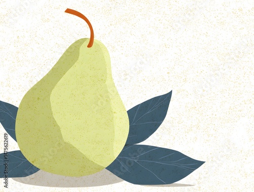 Pear and Leaves: A stylized illustration of a ripe pear with dark teal leaves, showcasing a minimalist design aesthetic and muted color palette.