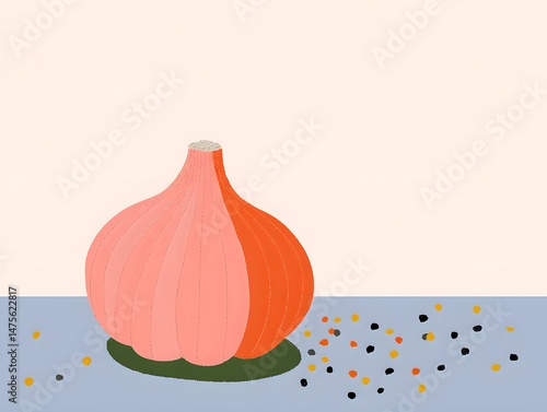 Artistic Garlic Bulb: A stylized illustration of a vibrant pink and orange garlic bulb rests on a muted blue surface, accompanied by a scattering of colorful peppercorns.