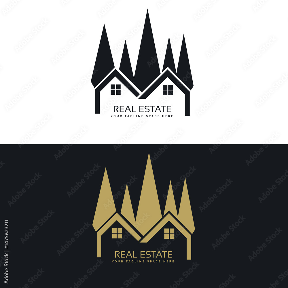 Fototapeta premium Minimalist Real Estate Logo – Two Triangular Roof Houses in Black and Gold