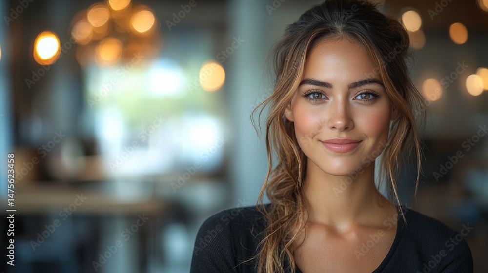 Young woman with beautiful smile and natural makeup, indoor setting with soft lighting and blurred background ambiance showcasing warmth and friendliness. Young woman with beautiful smile and natural makeup, indoor setting with soft lighting and blurred background ambiance showcasing warmth and friendliness.
