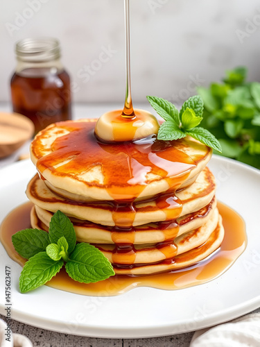 Delicious stack of pancakes with maple syrup and mint