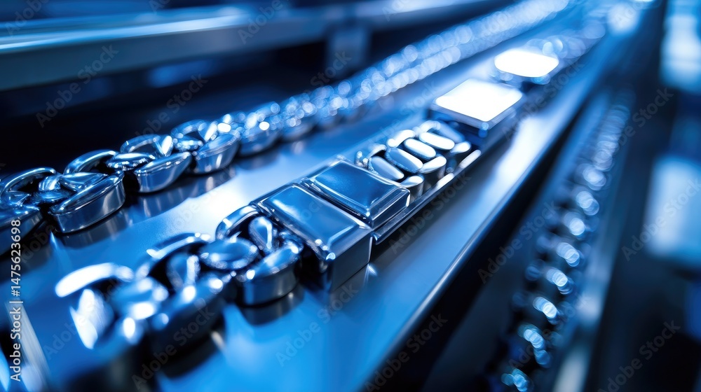 Fototapeta premium Close-up of metal bracelets on a conveyor undergoing ultrasonic cleaning in production line