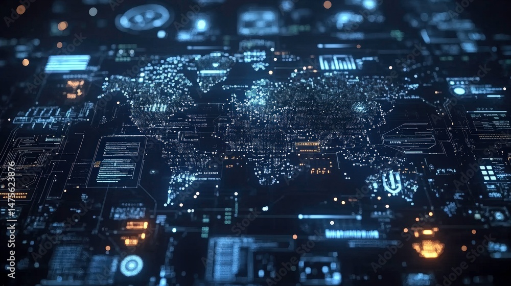Futuristic Digital World Map with Data Visualization, Connected Network, Artificial Intelligence Elements, High-Tech Interface, Virtual Reality Environment Futuristic Digital World Map with Data Visualization, Connected Network, Artificial Intelligence Elements, High-Tech Interface, Virtual Reality Environment