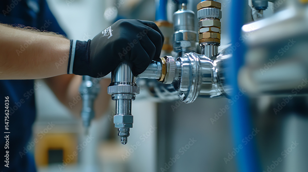 Worker Adjusting Industrial Machinery Components Worker Adjusting Industrial Machinery Components