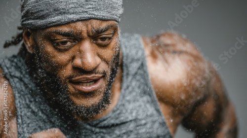 Intense Close-Up of Determined Man Sweating While Running in Gym Environment with Focus and Intensity on His Face, Fitness and Sport Lifestyle
