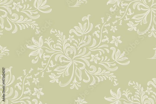 Vintage floral ethnic tapestry modern embroidery texture boho design vector illustration hand drawn silhouette green white flower motif branches leaves wallpaper seamless background border.	
