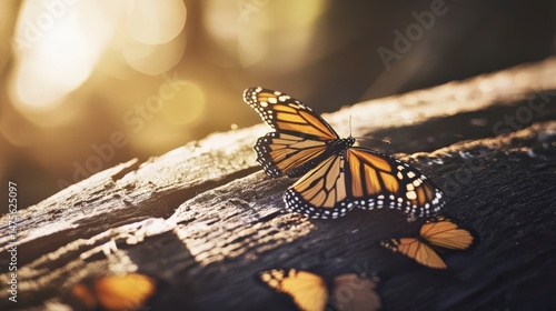 Monarch Butterfly Resting on Wood in Warm Golden Light
