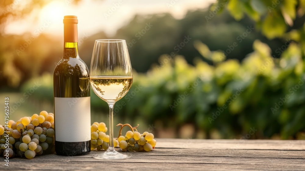 Fototapeta premium Beautiful still life with a wine bottle and glass on a wooden table surrounded by fresh grapes under a sunset glow in a vineyard setting