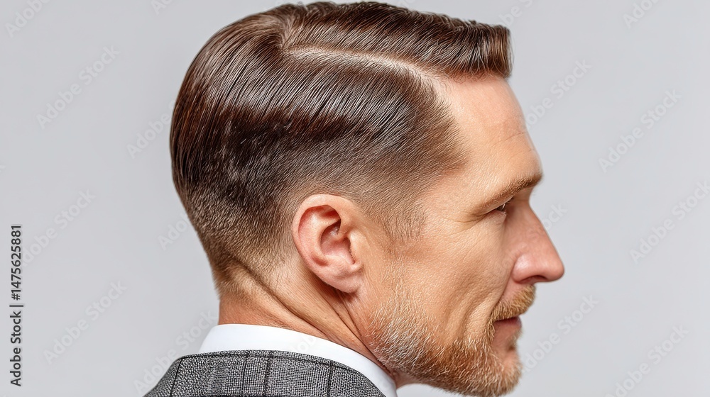 Obraz premium Stylish profile of a man with a trendy haircut, showcasing a classic slicked back hairstyle with elegance and sophistication against a neutral background