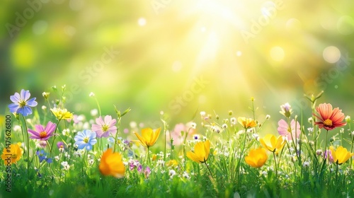 Summer Colorful Flower Meadow Banner with Sunbeams and Bokeh Lights