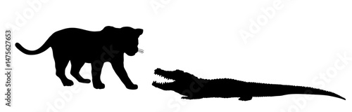 Jaguar attack alligator vector silhouette illustration isolated. Survivor watering place battle powerful reptile vs wild cat animal. Under water predator carnivore caiman lurking prey feline panther.
