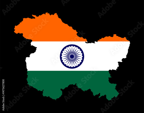 India flag over Jammu and Kashmir map territory vector silhouette illustration isolated. Disputed territory border conflict between Pakistan and India. War crisis in Asia. Global politic situation.