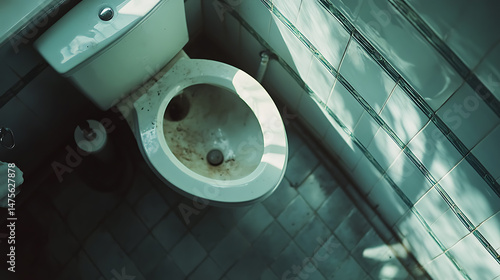 Dirty Toilet in a Tiled Bathroom