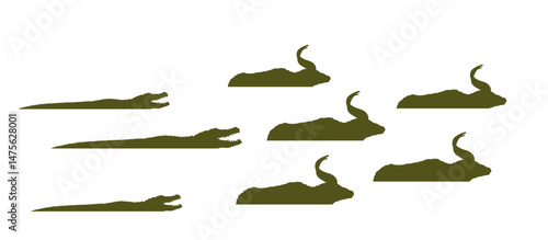 Pack open jaws crocodile attack nyala herd vector silhouette illustration isolated. Survivor watering place battle reptile vs deer antelope animal. Wildlife water hunt predator carnivore hunting prey.