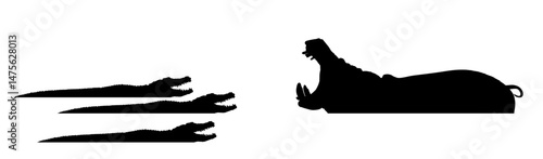 Open jaws crocodile attack hippopotamus vector silhouette illustration isolated. Survivor watering place battle reptile vs hippo angry animal. Wildlife water conflict predator carnivore lurking prey.