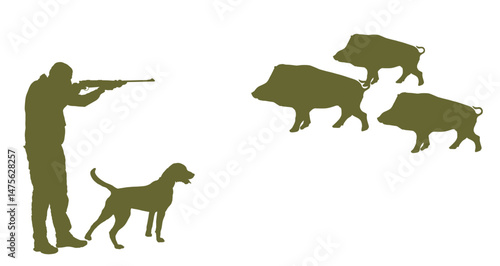 Aiming hunter man with dog shotgun rifle shooting wild boar vector silhouette illustration isolated. Hunting boy target a hog. Shooter kill animal outdoor sport hobby. Male primal instinct hunt food.