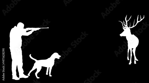 Aiming hunter man with dog shotgun rifle shooting deer vector silhouette illustration isolated. Hunting boy target elk buck. Shooter kill animal outdoor sport hobby. Male primal instinct hunt food.
