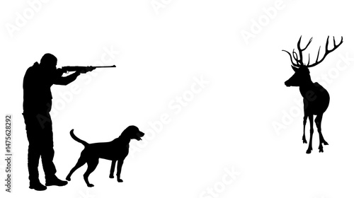Aiming hunter man with dog shotgun rifle shooting deer vector silhouette illustration isolated. Hunting boy target elk buck. Shooter kill animal outdoor sport hobby. Male primal instinct hunt food.