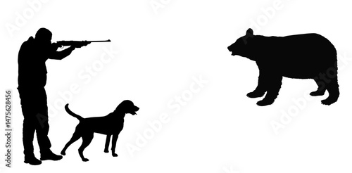 Aiming hunter man with dog shotgun rifle shooting bear vector silhouette illustration isolated. Hunting boy target grizzly. Shooter kill animal outdoor sport hobby. Male primal instinct hunt food.