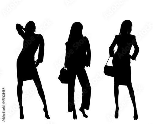 Handsome woman posing paparazzo photographer vector silhouette illustration isolated. Fashion pose attractive girl shape. Elegant sexy lady. Female figure shadow. Glamour top model. Business woman.