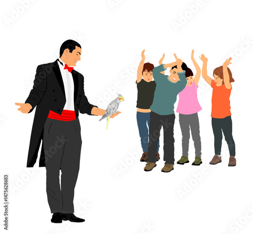 Magician man performing trick with parrot vector illustration isolated. Magic performer illusionist. Bird disappears and rises. Cabaret show circus entertainment children applause performance skill.