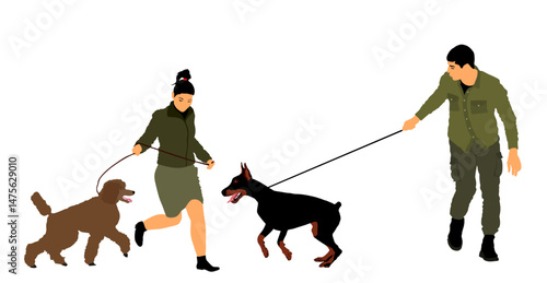 Owner lady with poodle on leash play fun with man with doberman dog vector illustration isolated. Girl with pet running. Animal and people outdoor park activity.  Couple in love boy and girl enjoy.