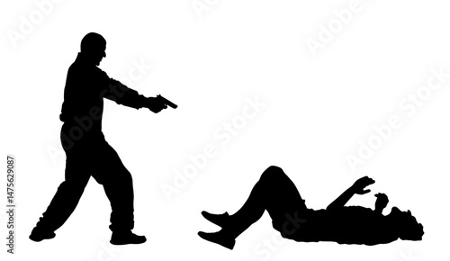 Man with gun aims shooting enemy injured lie down vector silhouette illustration isolated. Conflict duel handgun fire. Police agent shutting mafia member. Policeman arrest boy. Crime gunfight battle.