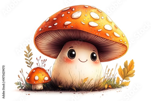 Smiling fantasy mushroom character in forest high resolution picture