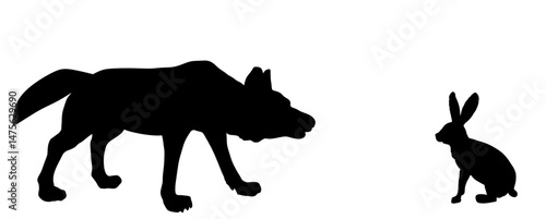 Hunter hungry wolf hunts rabbit vector silhouette illustration isolated on white background. Angry predator animal chase food  prey hare shape. Wolf shadow bunny. Wildlife food chain.