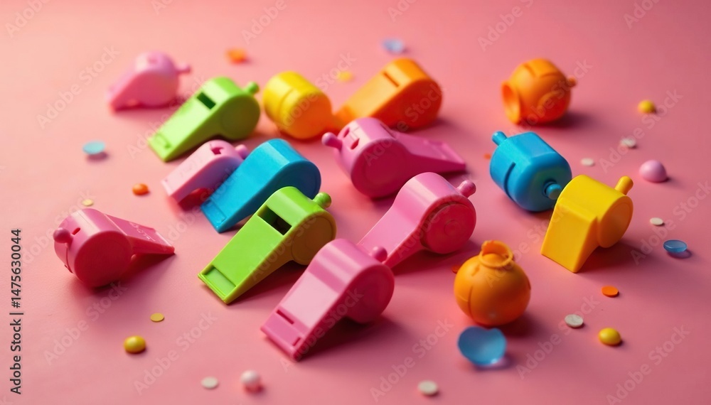 Group of whistles, scattered on a vibrant surface, ready for a party , details, fun supplies, whistle Group of whistles, scattered on a vibrant surface, ready for a party , details, fun supplies, whistle