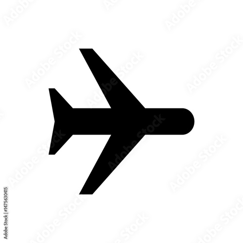 A simple black silhouette of an airplane with wings and tail fin against a white background image view